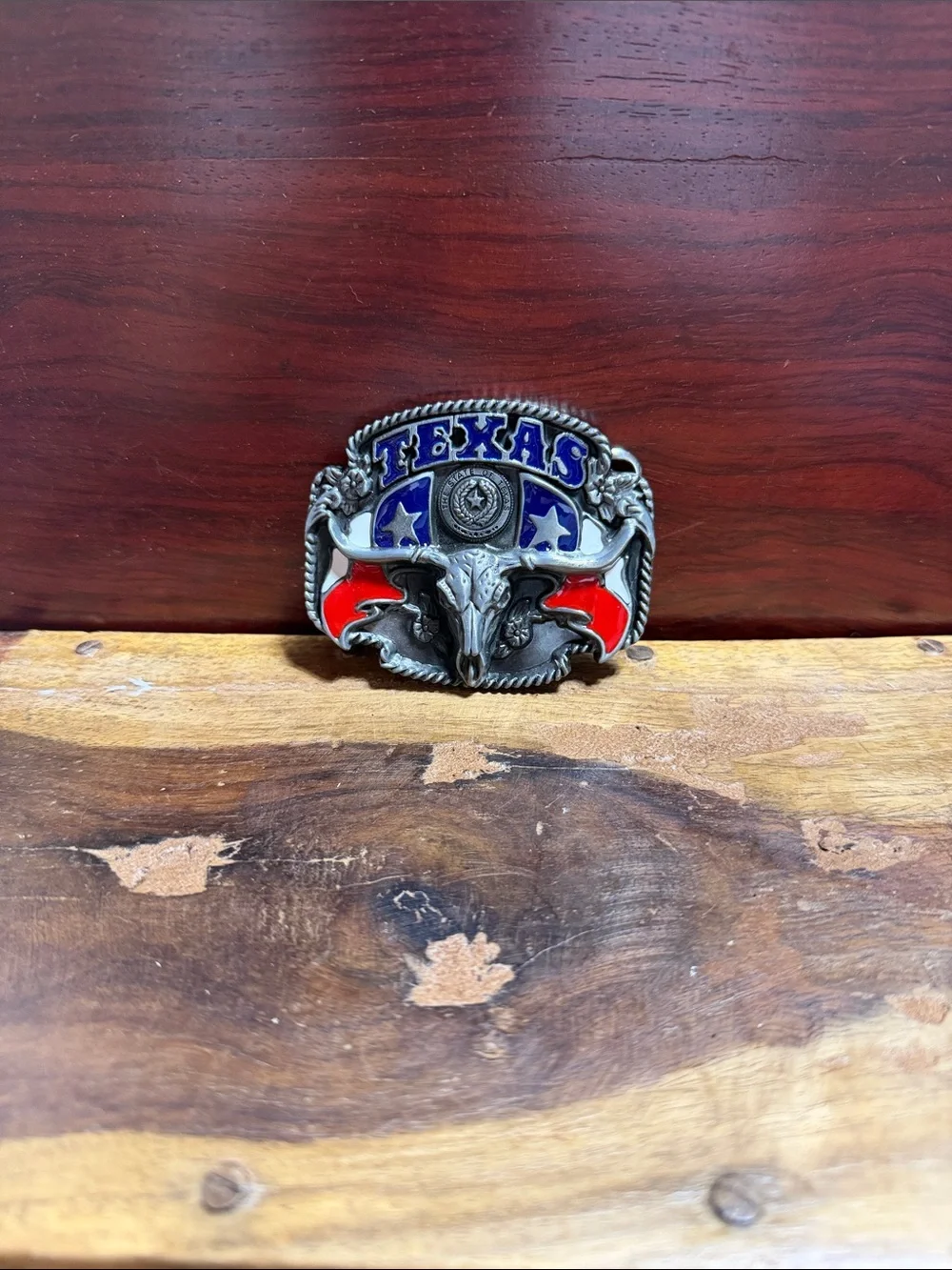 Texas Longhorn Enamel Belt Buckle – Red & Blue Accent